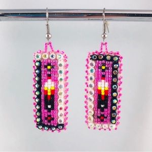 Handmade in Canada Beaded Pink Rectangular Earrings